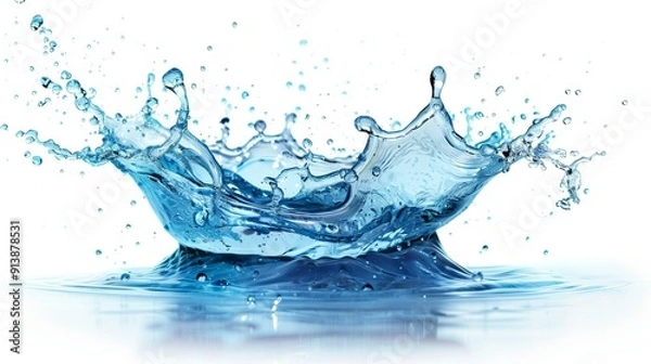 Fototapeta Water splash with crown shape droplets isolated on white background, transparent fluid clean pure