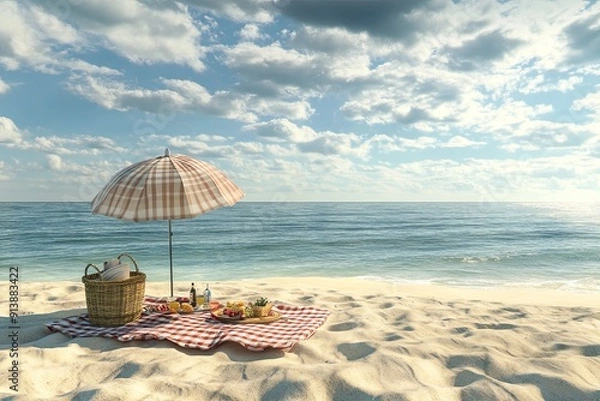 Fototapeta A beach scene with a checkered blanket and a large umbrella