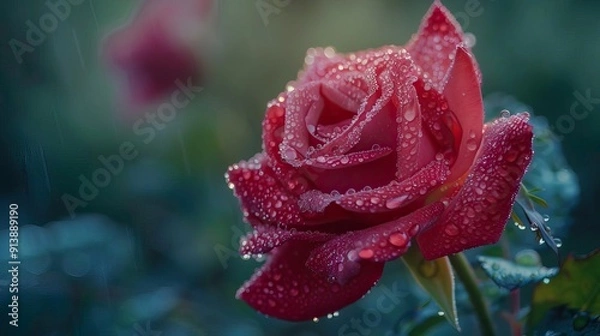 Obraz A close-up of a dewy red rose, showcasing its vibrant petals and droplets, perfect for nature and floral themes.