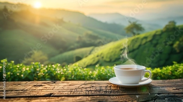 Fototapeta Steaming cup of tea on a wooden table with lush green hills in the background