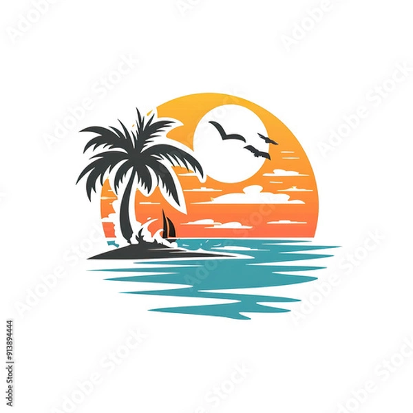 Fototapeta Palm Tree Silhouette on a Tropical Sunset Beach, generative ai image