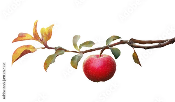 Fototapeta Red apple on tree branch with leaves, isolated