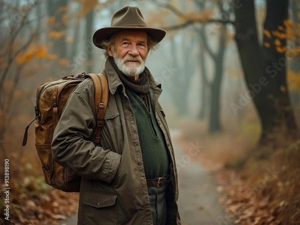 Fototapeta Senior Man with Backpack Exploring Autumn Forest Trail