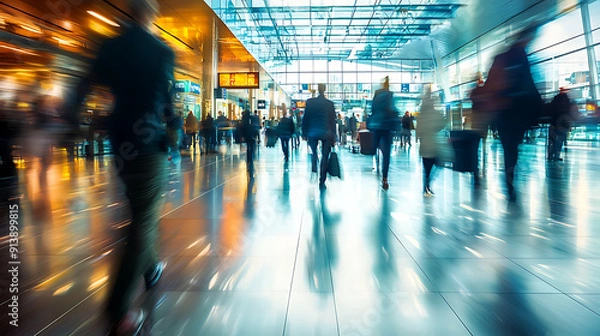 Obraz a busy airport terminal with people walking around, motion blurred photo	