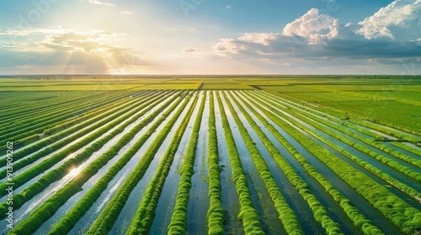 Fototapeta An expansive algae farm for biofuel production, shown from above, with rows of green ponds under a sunny sky.
