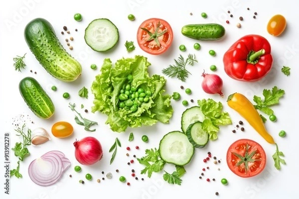 Fototapeta Creative layout made of summer vegetables. Food concept. Tomatoes, onion, cucumber, green peas, garlic, cabbage, chilly pepper, yellow pepper, salad leaves and radish on white background , ai