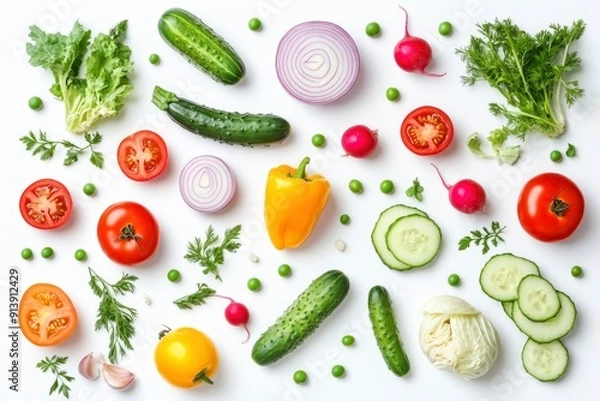 Fototapeta Creative layout made of summer vegetables. Food concept. Tomatoes, onion, cucumber, green peas, garlic, cabbage, chilly pepper, yellow pepper, salad leaves and radish on white background , ai