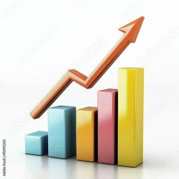 Fototapeta Colorful bar graph with an upward arrow signifying growth and success