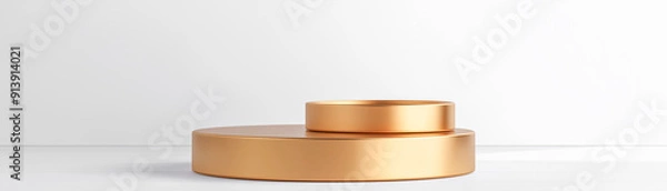 Obraz Empty golden product display podium setup with two gold circular podiums of different sizes against white wall 