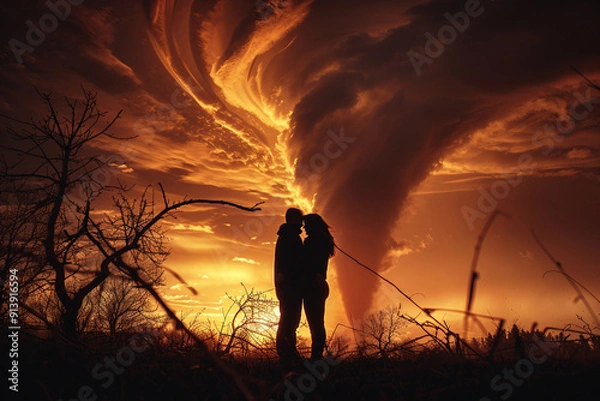 Fototapeta Scary storm day, person in danger under tsunami storm thunderstorm lightning, Generative AI