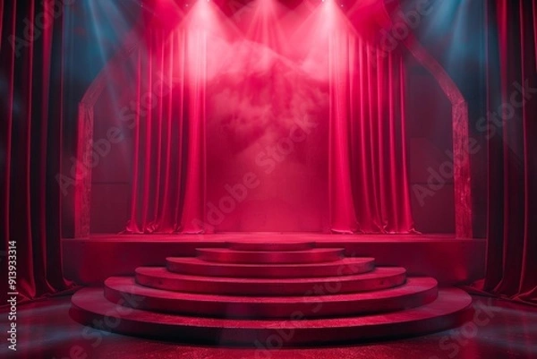 Fototapeta Empty stage illuminated by spotlights with red curtains. Copy space for text