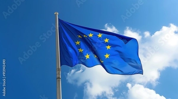 Obraz European Union Flag Waving Against Clear Blue Sky - Symbol of Unity and Peace