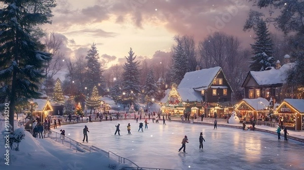 Fototapeta Snowy Village Ice Skating Rink at Sunset. generative ai illustration.