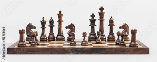 Fototapeta Isolated chessboard and pieces on white background, 4K hyperrealistic photo