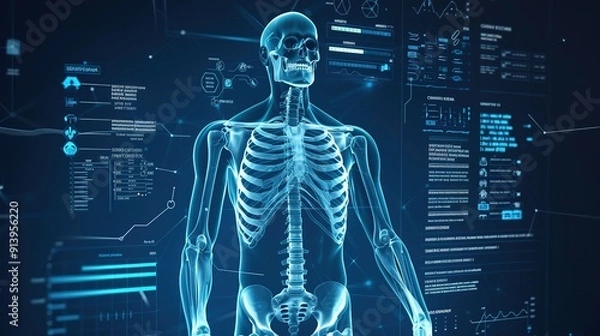 Fototapeta Human skeleton rendered with futuristic digital interface.