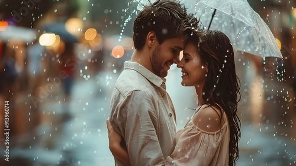 Fototapeta Couple Dancing in the Rain on a Romantic Night in the City