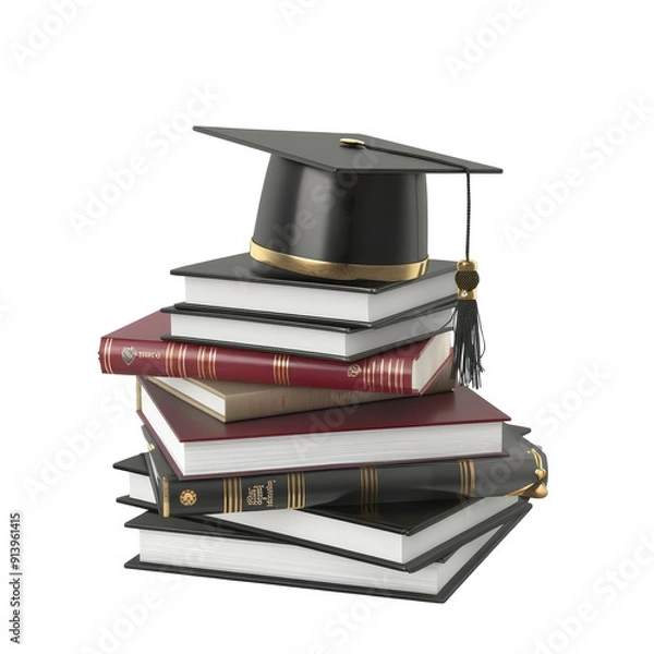 Fototapeta Graduation cap atop a stack of colorful books with a diploma tied with a golden cord, isolated on white. Education and academic achievement concept.