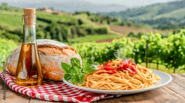 Fototapeta Enjoy authentic Italian cuisine A delicious pasta dish with a good wine This image captures the essence of Italian pasta specialties in a warm and inviting setting. all about italien gourmet food