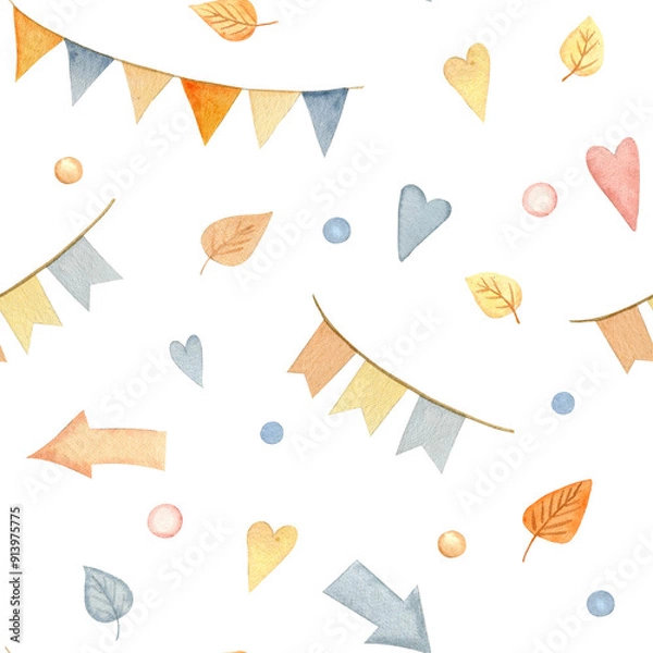 Fototapeta Watercolor seamless pattern with party paper flags, arrows and hearts. Kids festive background. Cartoon cute elements in pastel colors
