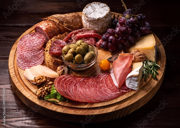 Fototapeta Still life scene. A circular wooden tray with some delicatessen such as olives, cold cuts, cold meat, salami, cheese and grapes