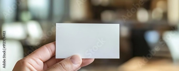 Fototapeta A closeup of a hand holding a blank business card, with a blurred office environment in the background