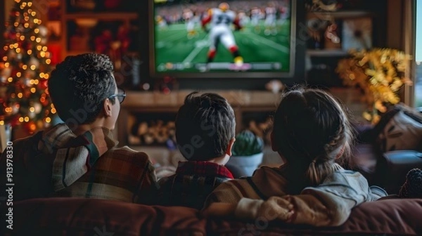 Fototapeta Family Gathered to Enjoy Thanksgiving Football Game on Cozy Home Sofa