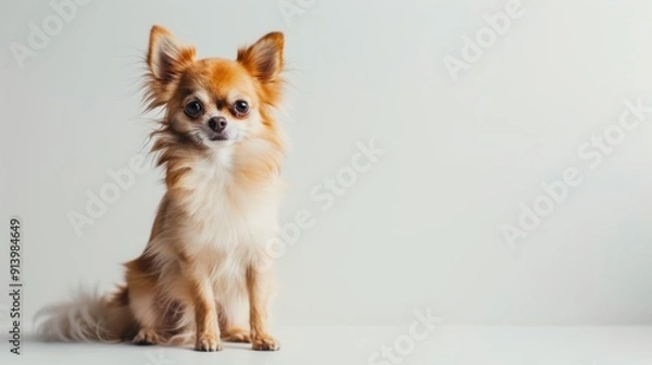 Fototapeta Alert and attentive small, long-haired chihuahua sits on a white background