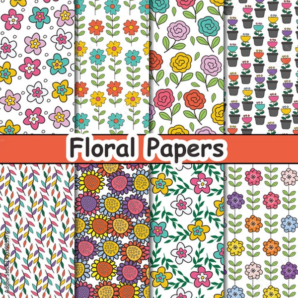 Fototapeta Floral doodle digital papers, flowers background vector