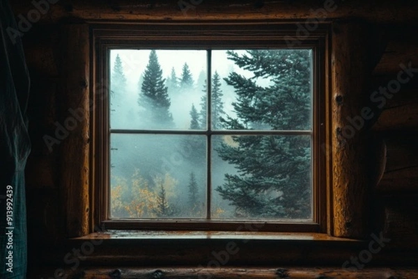 Fototapeta A window on a cozy log cabin, with the silhouette of pine trees outside. 