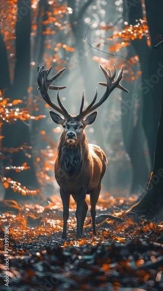 Obraz Majestic Stag in Misty Autumn Forest with Illuminated Antlers