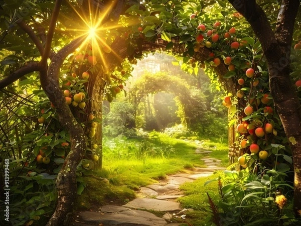 Obraz Whimsical Apple Tree Orchard with Natural Arch and Sun Dappled Path in Enchanted Forest