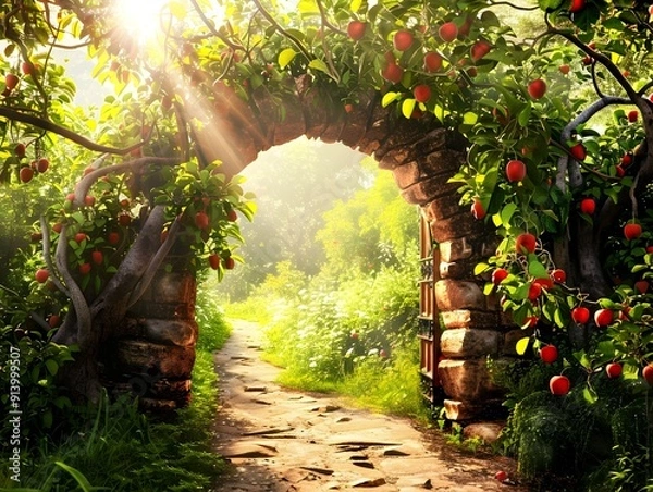 Obraz Whimsical Apple Tree Garden with Natural Arch Entrance and Radiant Sun Rays