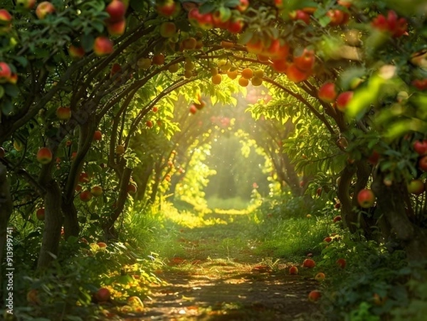 Obraz Enchanting Vine Covered Arch in Radiant Apple Orchard Woodland