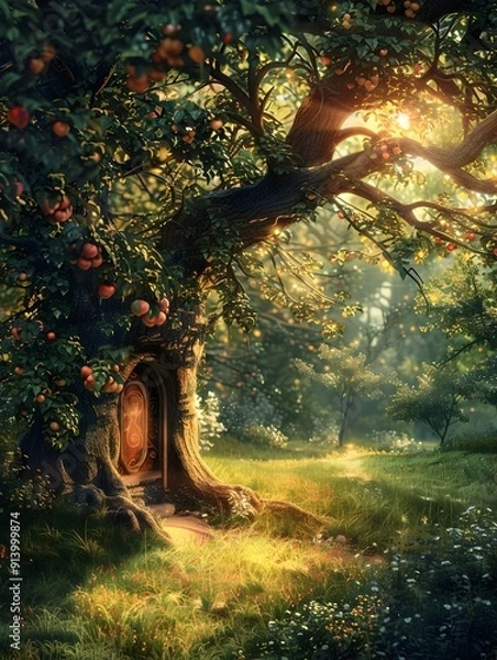 Fototapeta Ethereal Apple Tree Meadow with Towering Natural Arch and Mystical Door in Serene Forested Oasis