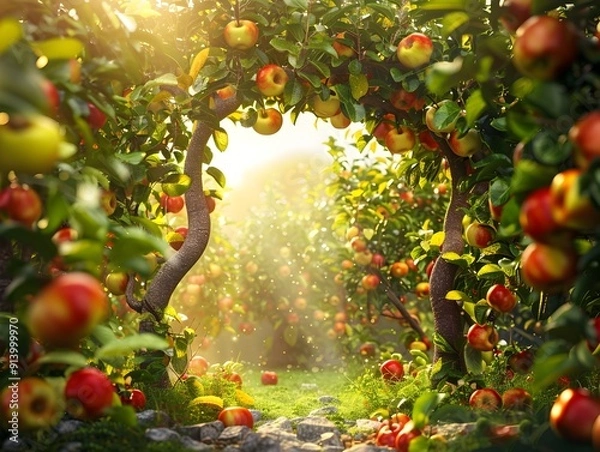 Obraz Whimsical Apple Orchard Garden with Twisted Branches and Vibrant Ripe Apples