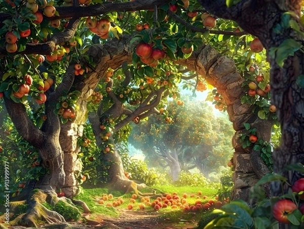 Obraz Whimsical Apple Trees Garden with Twisted Branches and Vibrant Foliage under Warm Sunlight