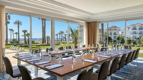 Fototapeta Modern conference room with large windows overlooking a scenic beach and palm trees, set up with meeting materials and water bottles.