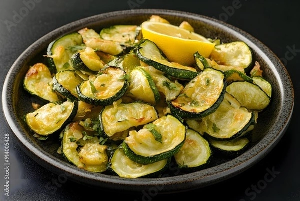 Obraz Fried zucchini with lemon on plate on black background.