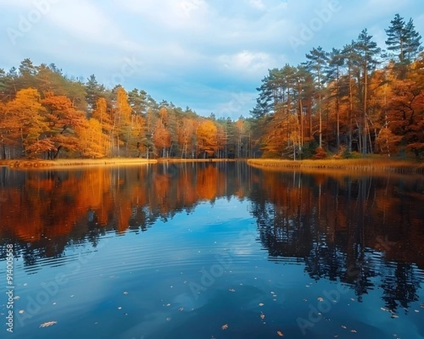 Fototapeta Stunning Autumn Lake Reflection with Vibrant Foliage and Calm Waters