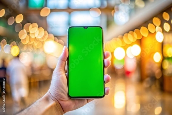 Fototapeta Hand-held modern smartphone with a bright green screen against a softly blurred background, perfect for digital mockups and product demonstrations.