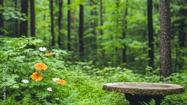Fototapeta Tranquil Forest Clearing Surrounded by Vibrant Greenery With Flowers