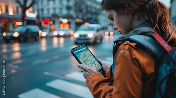 Obraz Man navigating urban streets on smartphone, utilizing smart city technology for efficient travel and exploration.