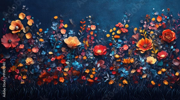 Obraz Elegant colorful with vibrant flower hanging branches illustration background. Bright color 3d abstraction wallpaper for interior mural, Generated by AI	
