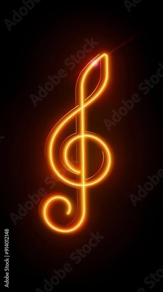 Fototapeta Neon red G-clef on black background glows warmly with depth, giving a 3D look. Elegant and sophisticated visual effect is created by vibrant red light.