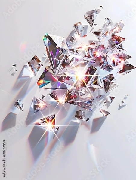 Obraz Scattered Diamonds   Sparkling Multi Faceted Gems Shimmering on Minimalist White Background