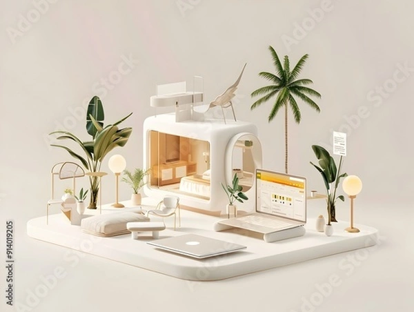 Obraz Vacation Travel Planning with Laptop Presenting Lodging Options on Plain White Canvas with and Warm Neutral Palette