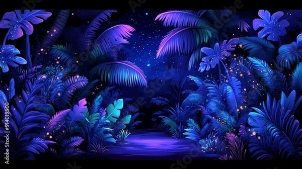 Fototapeta A vibrant and enchanting illustration of a tropical jungle at night, illuminated by a mesmerizing neon glow. 