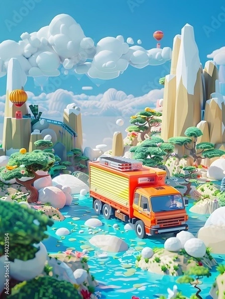 Obraz Whimsical 3D Cartoon style Delivery Truck Navigating a Playful Landscape with Vibrant Textures and Imaginative Designs