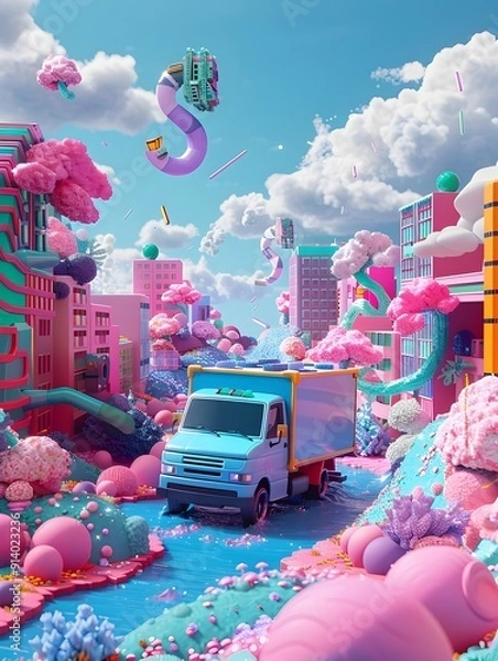 Obraz 3D Rendered Cartoon Style Delivery Truck Navigating Whimsical Landscape with Vibrant Palette and Playful Aesthetic