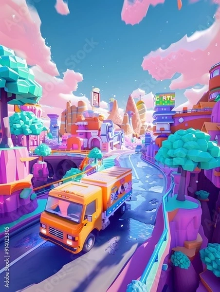 Obraz Vibrant Cartoon Style Delivery Truck Navigating Whimsical 3D Cityscape with Playful Character Designs